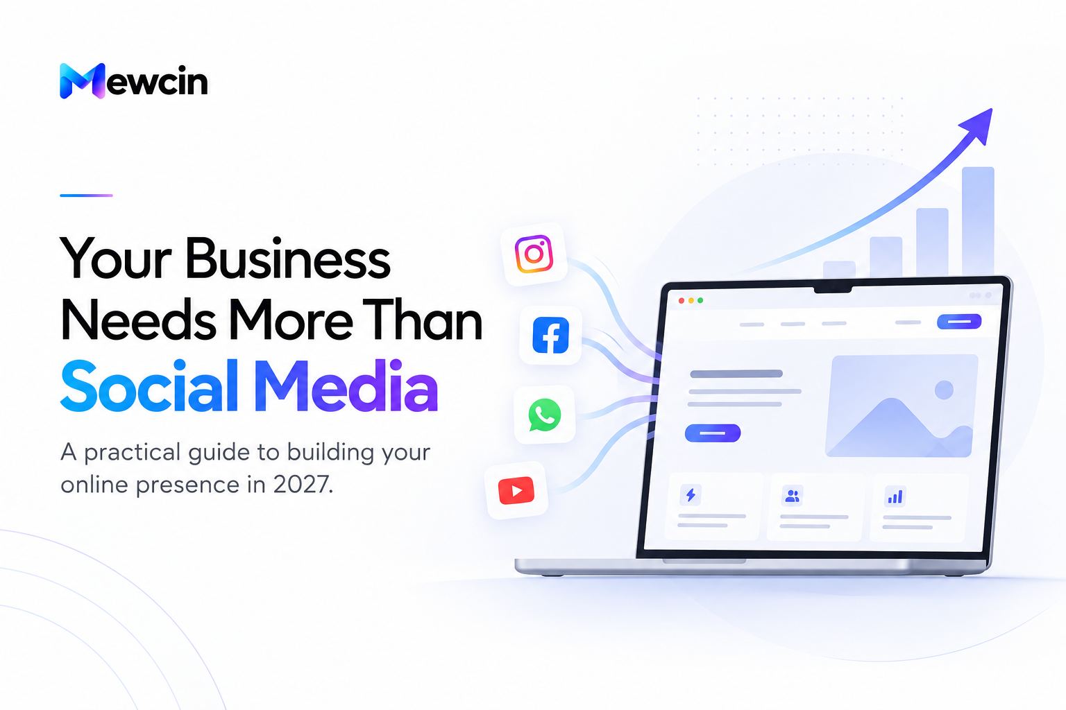 Your business needs more than social media: Mewcin’s practical guide to building your online presence in 2027, illustrated with social channels connecting to a business website.